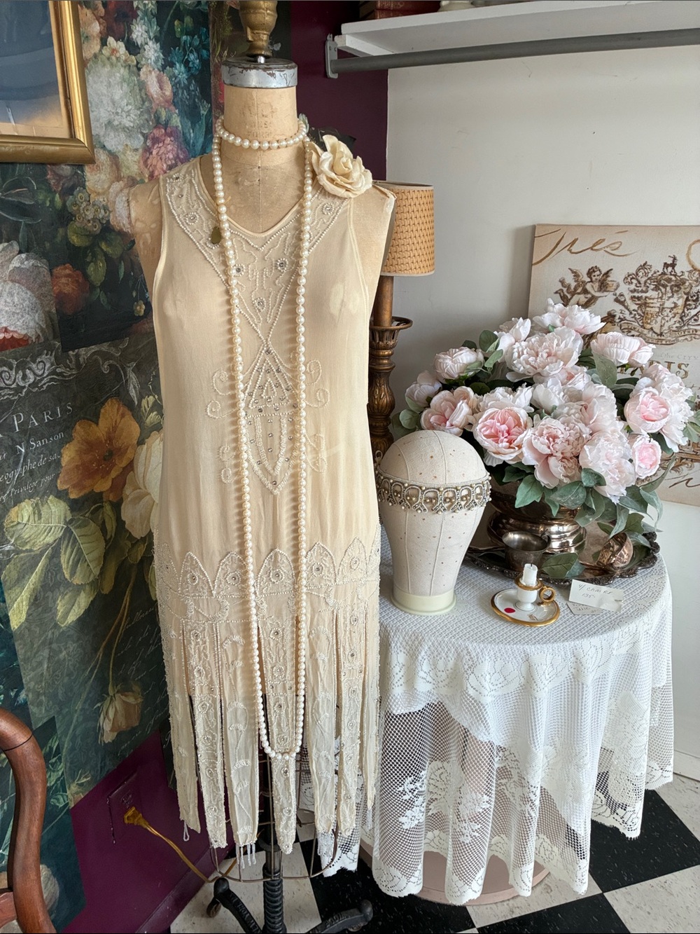 Antique Cream Beaded Fringe Tunic Dress with Floral Accent and Flapper headdress